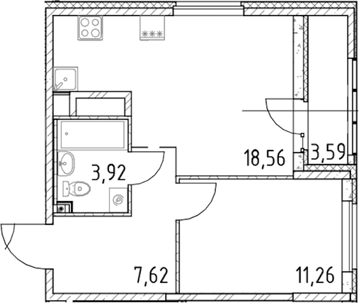 1-комнатная квартира 41.36 м², 18/23 эт., ЖК «Город Первых»